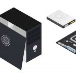 Computer hardware isometric illustration. Modern computer parts, electronics details repairing, processor, motherboard, hard drive, fan isolated 3d clipart.