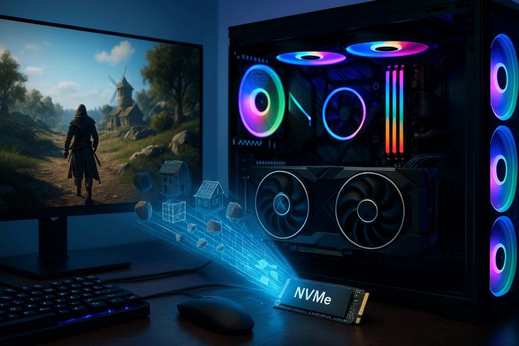 PC de gaming performant cu iluminare RGB și SSD NVMe, ilustrând tehnologia Microsoft DirectStorage pentru încărcare rapidă a jocurilor.