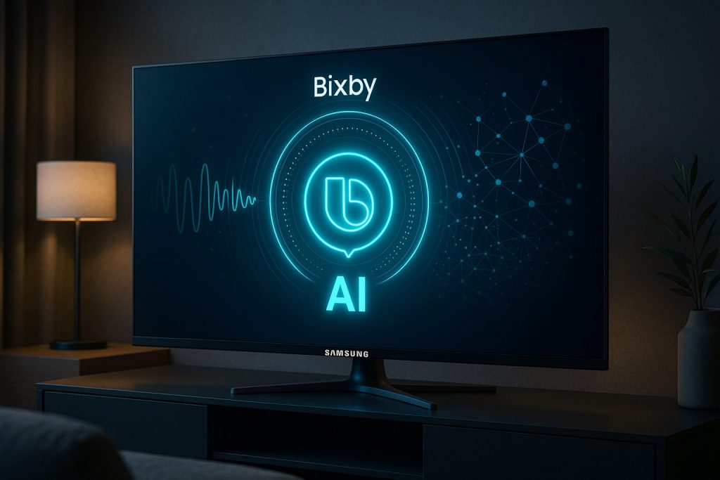 Televizor Samsung cu Bixby inteligent, afișând interfață AI și comenzi vocale pe ecran.