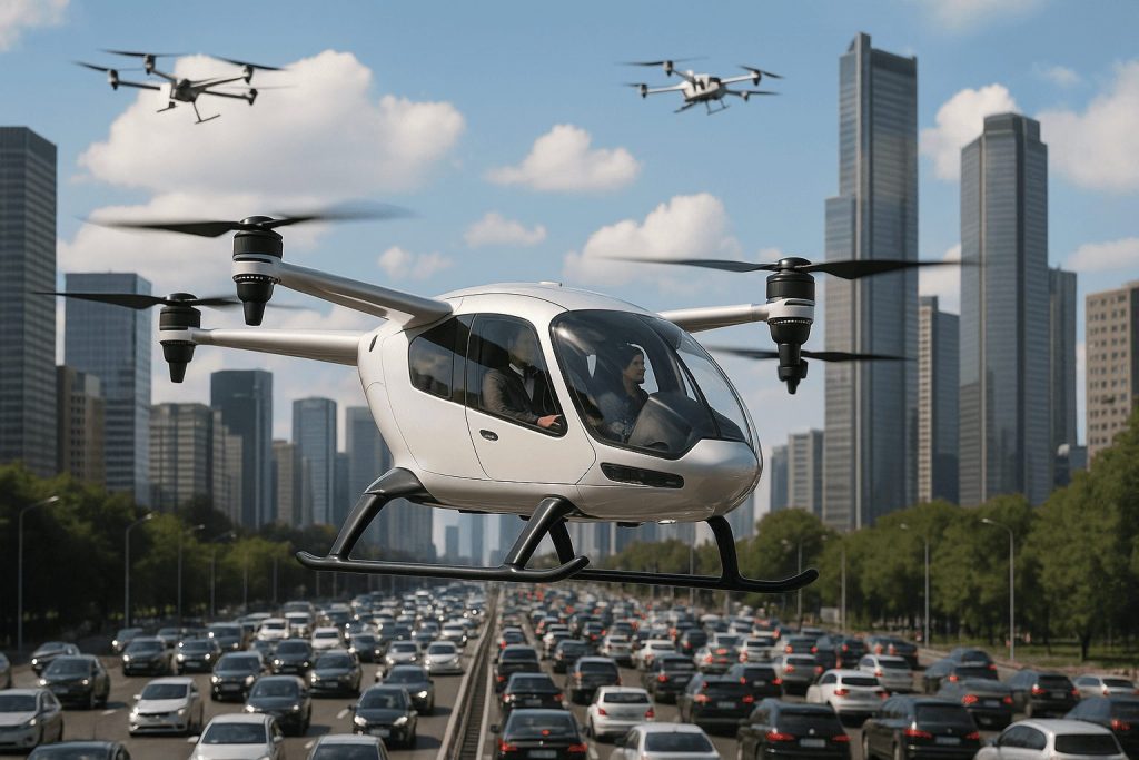 Drone de pasageri care funcționează ca taxiuri aeriene în marile orașe