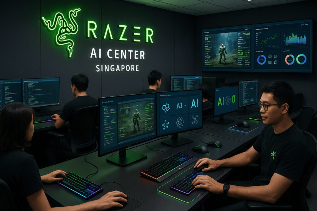 Hub AI Razer din Singapore cu dezvoltatori lucrând la QA automat și instrumente AI pentru gaming