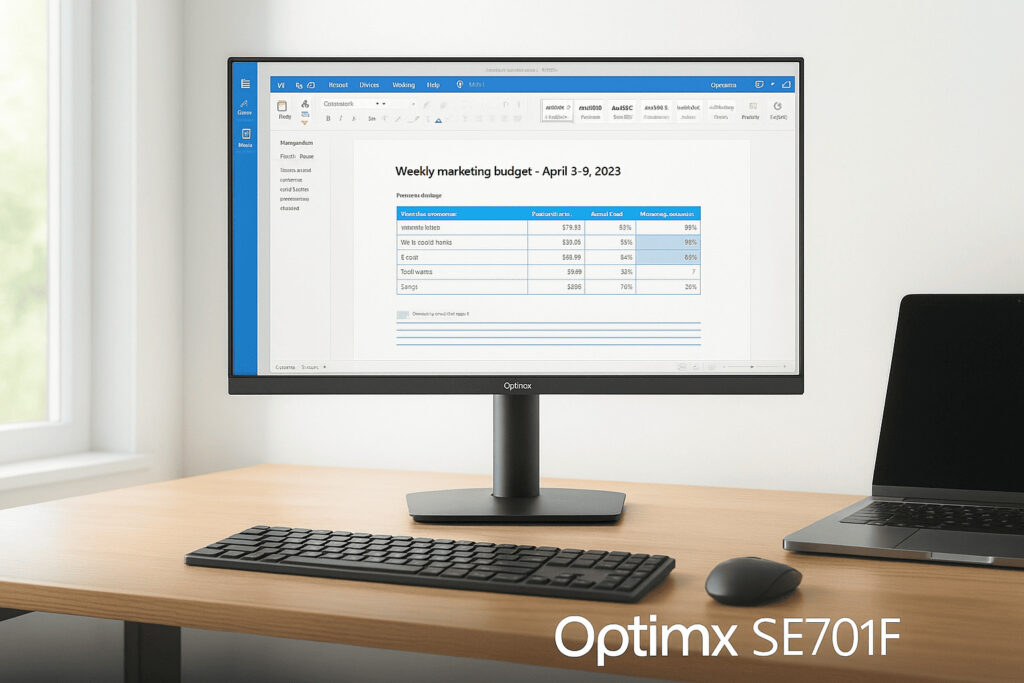 Importanța monitoarelor profesionale ilustrată cu modelul Optimx SE70IF 27” Full HD IPS într-un birou modern