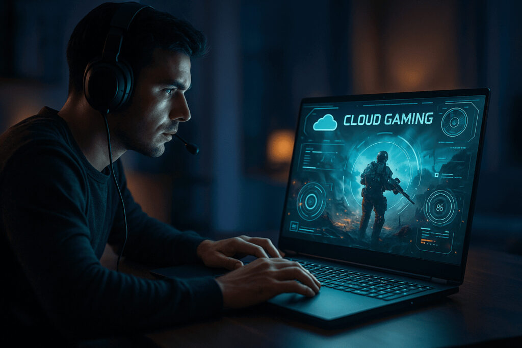 Gamer jucând jocuri în cloud pe laptop, cu interfață futuristă și lumini ambientale.
