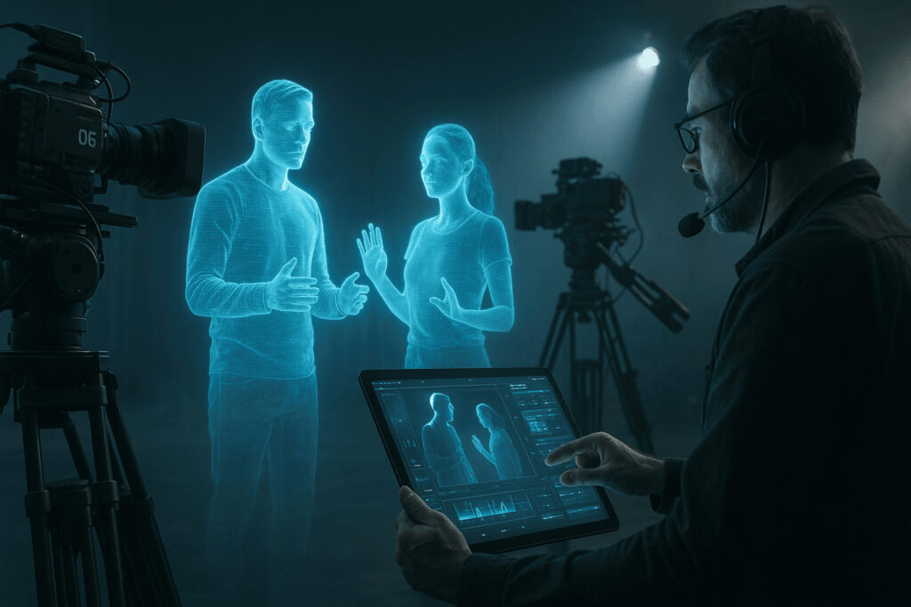 AI în cinematografie – set de filmare futurist generat de algoritmi, cu roboți și tehnologie avansată.