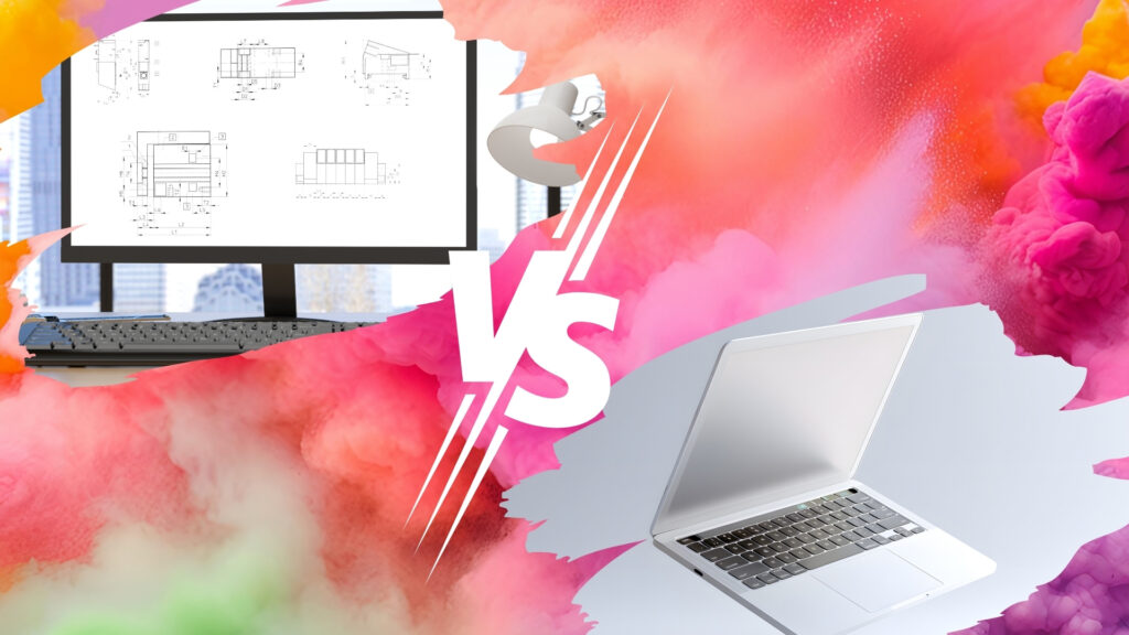 Comparativ între PC desktop modern și laptop AI-first în 2026, arătând design minimalist și elemente tehnologice