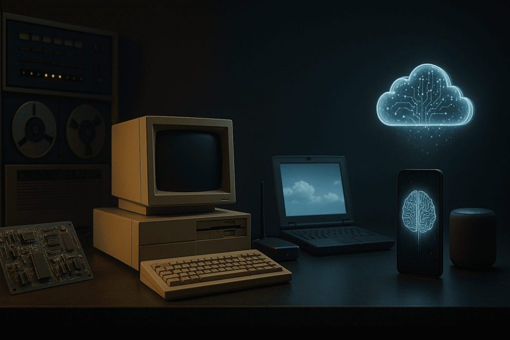 ilustrație realistă care arată evoluția tehnologiei de la primele calculatoare până la tehnologia modernă cu AI