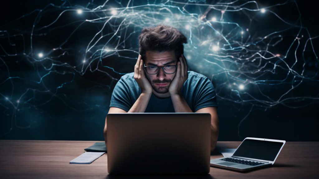 persoană folosind mai multe dispozitive digitale simultan, ilustrând eficiența și nerăbdarea din era tehnologiei