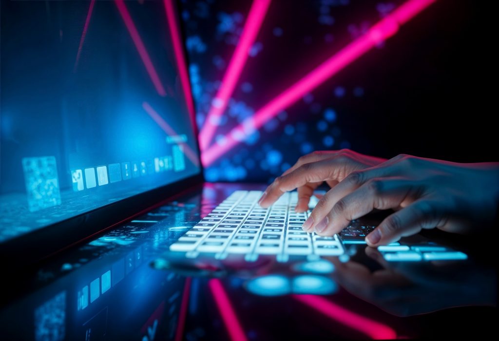 ilustrație realistă cu un PC compact, puternic și inteligent, integrat cu AI și tehnologii moderne