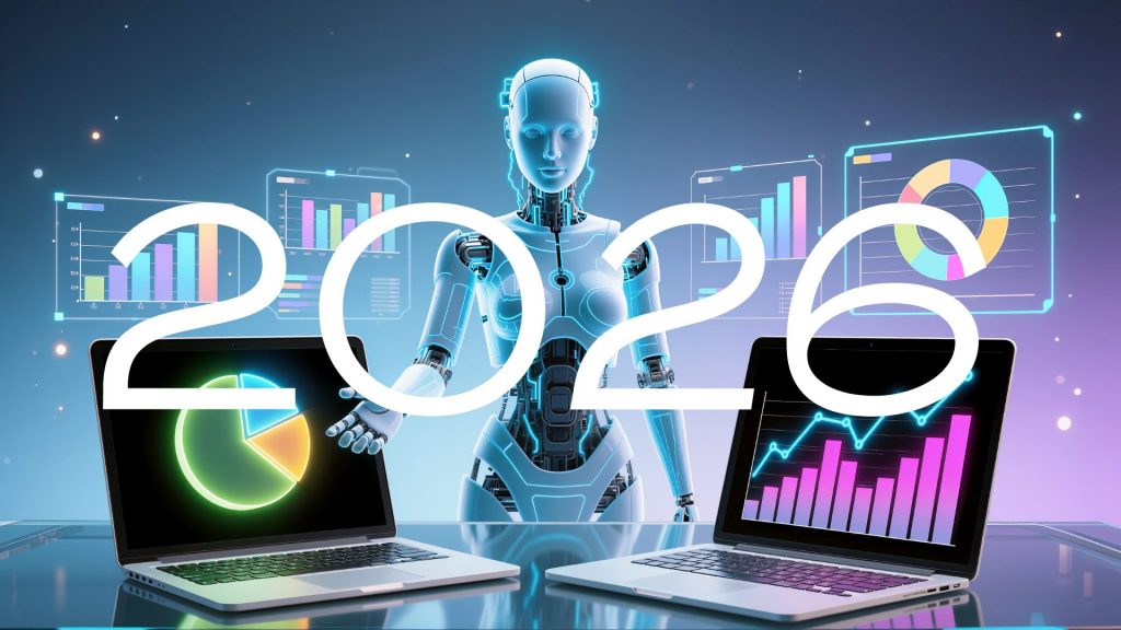 ilustrație futuristă care simbolizează evoluția tehnologiei până în 2026, cu AI, cloud, dispozitive moderne