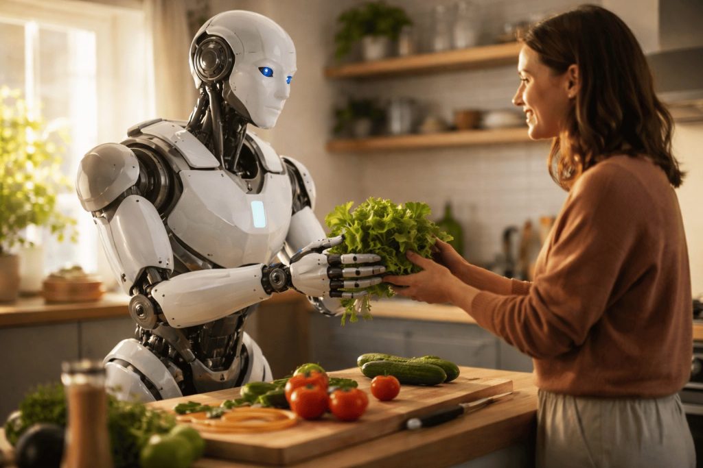 robot humanoid sau robot industrial interacționând cu oameni sau obiecte în mediu real, simbolizând Physical AI