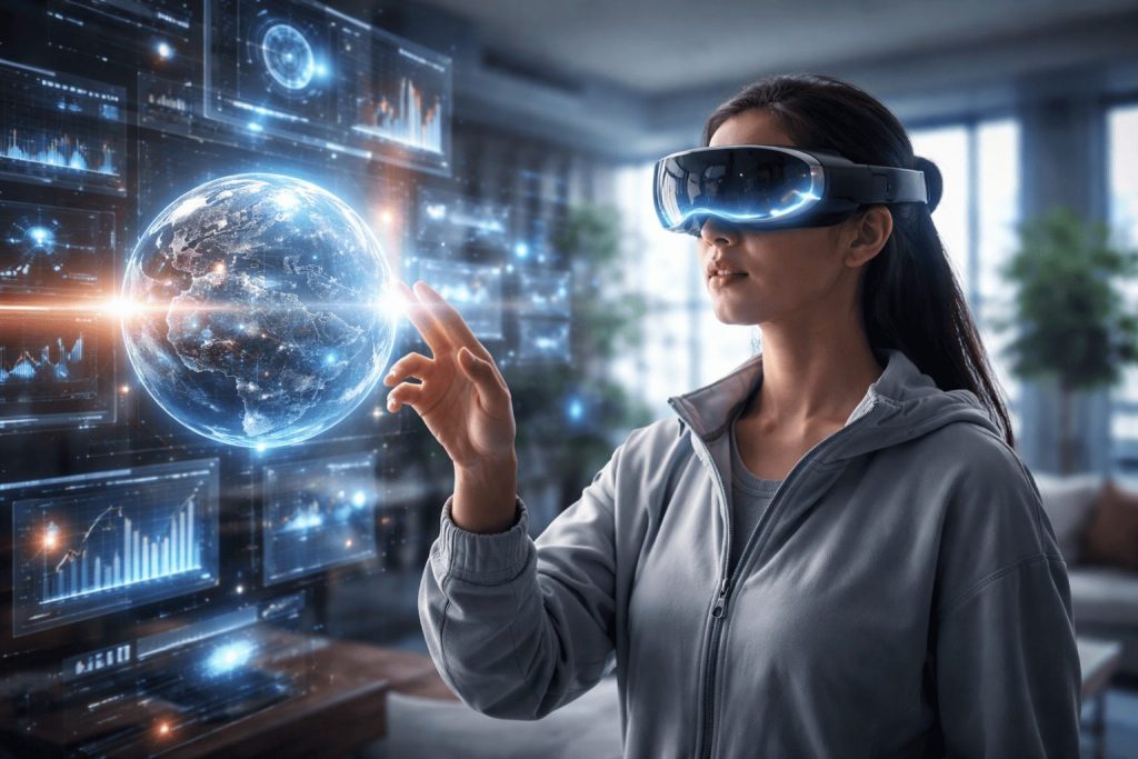 persoană purtând ochelari XR și interacționând cu elemente digitale în spațiu real, fără ecran tradițional