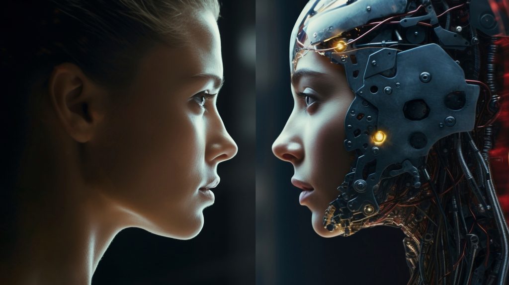 avatar AI realist interacționând cu oameni într-o videoconferință pe laptop într-un birou modern