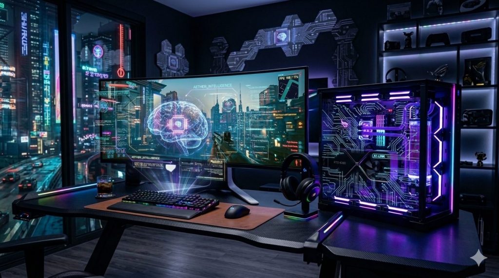 AI controlând un calculator modern cu interfață futuristă