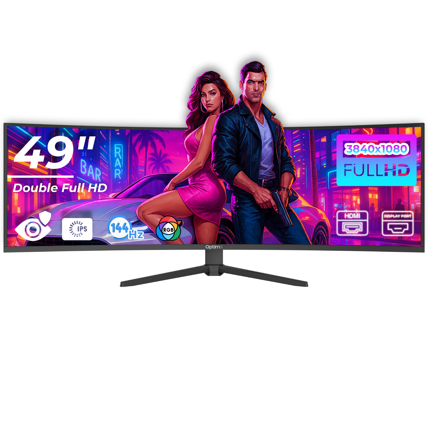 Monitor LED Gaming Curbat 49 inch OptimX MT49j, Double Full HD 3840 x 1080, 144Hz, 1x HDMI, 1x DisplayPort, No Frame, RGB Light