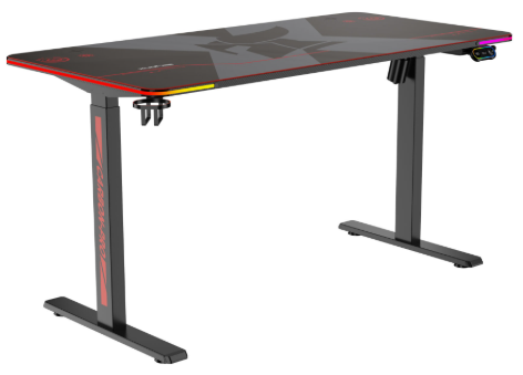 Birou Gaming Serioux Carbon Pro cu iluminare LED RGB, înălțime reglabilă electric, 140x70x73-121cm, 100–240V, metal, Wire Management, negru