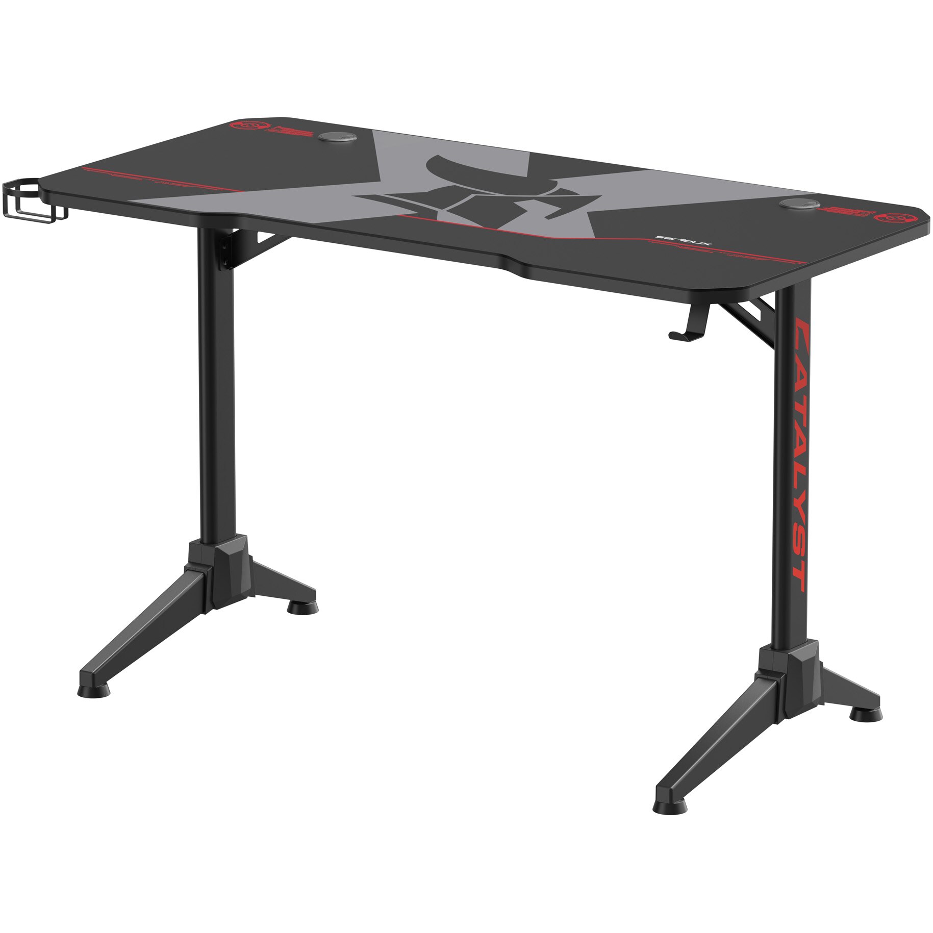 Birou Gaming Serioux Catalyst, 120x60x75cm, blat 1.8cm, MDF și oțel, negru mat / roșu mat, mouse pad, suport cana, suport casti