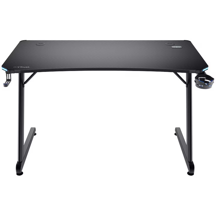 Birou Gaming TRUST GXT 709 Luminus RGB, 120x60x74cm, blat din lemn, cadru din otel, suporturi pentru accesoriil, negru
