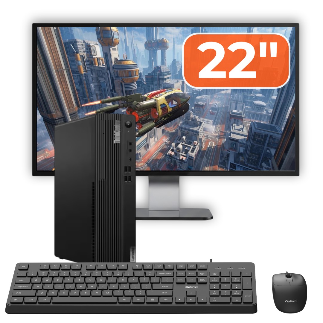 Pachet PC Second Hand Lenovo ThinkCentre M70s SFF, Intel Pentium Gold G6400 4.00GHz, 8GB DDR4, 256GB SSD NVMe + Monitor 22" + cadou tastatura si mouse OptimX Pro KM500