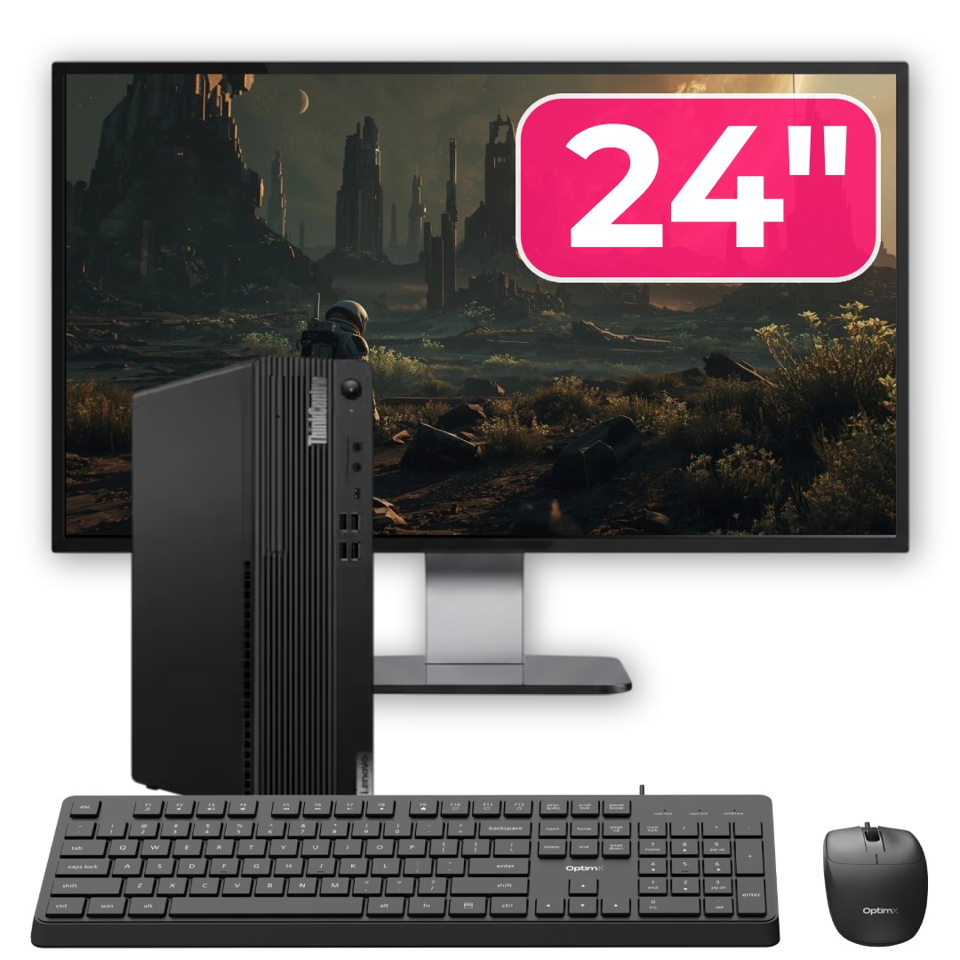 Pachet PC Second Hand Lenovo ThinkCentre M70s SFF, Intel Pentium Gold G6400 4.00GHz, 8GB DDR4, 256GB SSD NVMe + Monitor 24" + cadou tastatura si mouse OptimX Pro KM500