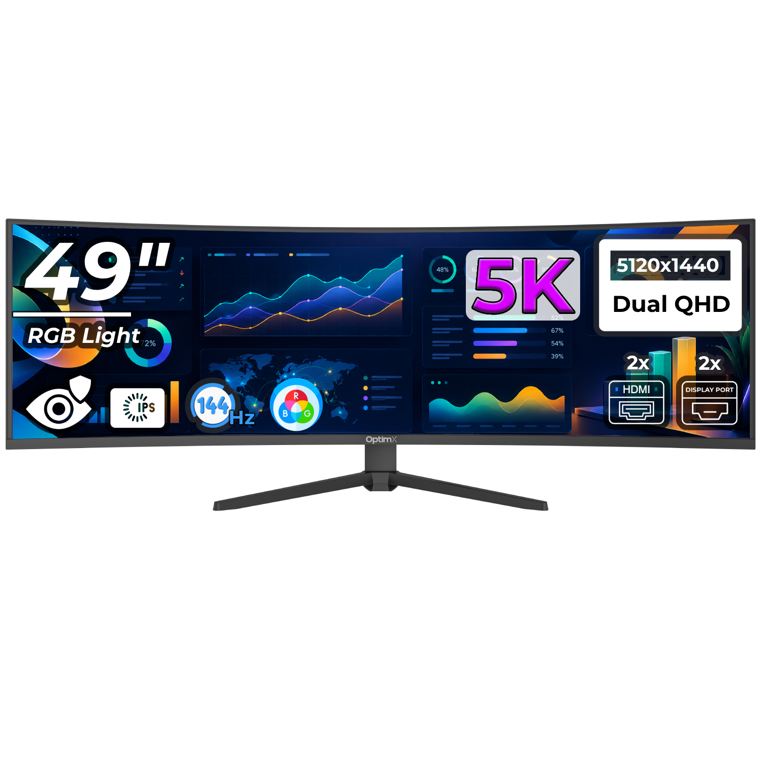 Monitor LED Office Pro Curbat 49 inch OptimX MT49J-1 V2, 5K Dual QHD 5120 x 1440, 144Hz, 2x HDMI, 2x DisplayPort, No Frame, RGB Light
