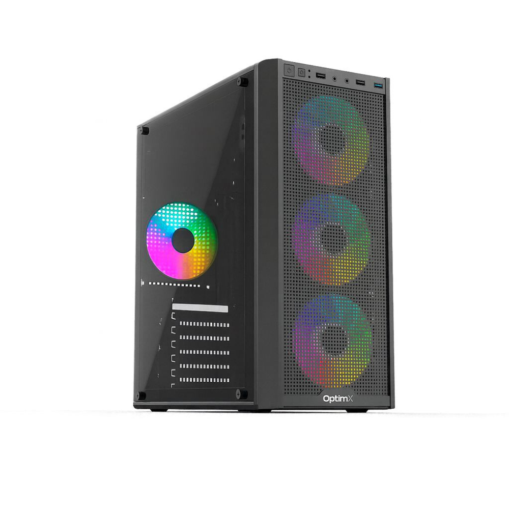 Carcasa ATX cu sursa 500W OptimX Prime, Iluminare RGB Reglabilă, Sticlă Temperată 4 ventilatoare aRBG de 120mm, design premium