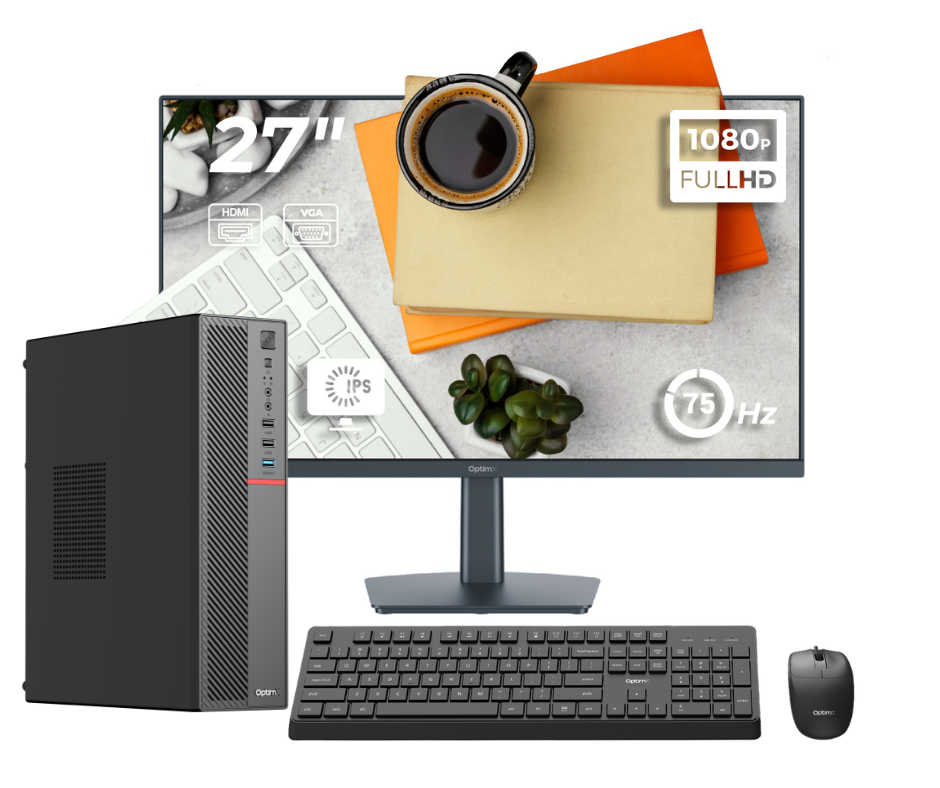 PC Office Complet OptimX T5 SFF, Intel Core i7-8700, 16GB DDR4, 512GB SSD, Windows 11 Pro, Monitor OptimX 27" Full HD IPS LED, Kit Tastatură și Mouse OptimX cu Fir