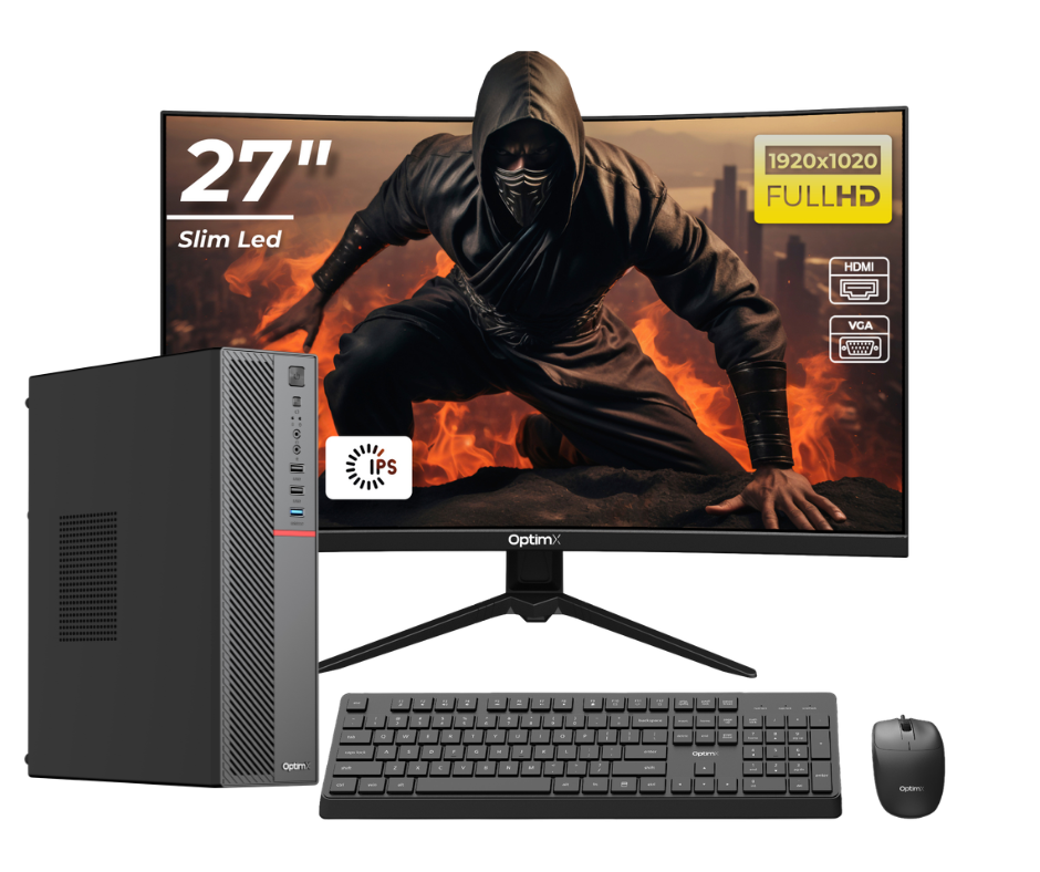 Calculator OptimX T5 SFF cu procesor Intel Core i5-9400, 8GB DDR4, 256GB SSD, Win11 Pro și Monitor Curbat 27" FHD, IPS, LED + kit tastatura si mouse Pro KM500 cu fir