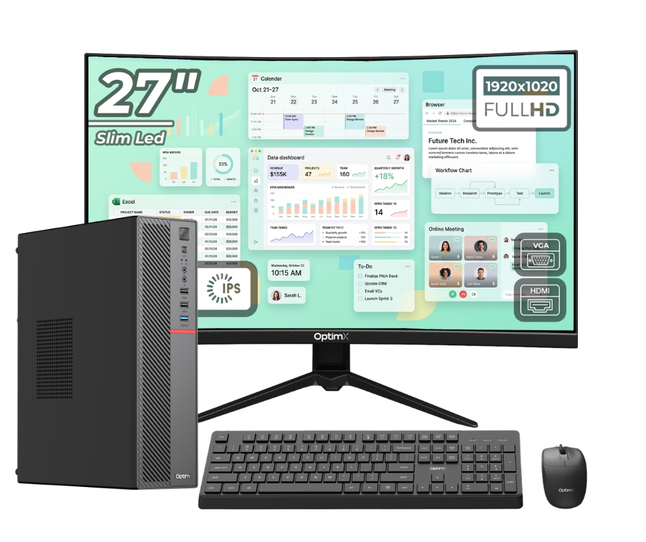 Sistem Desktop Office OptimX T5 SFF, Intel Core i3-7100T, 16GB DDR4, 512GB SSD, Win10 Pro și Monitor Curbat 27" FHD, IPS, LED + kit tastatura si mouse Pro KM500 cu fir
