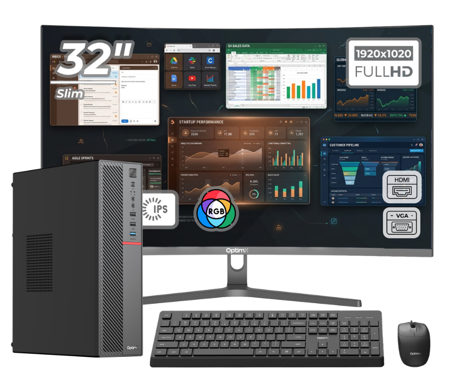 Pachet Office Premium OptimX T5 SFF, Intel Core i3-10100, 16GB DDR4, 1TB SSD, Win11 Pro și Monitor Curbat 32" FHD, IPS, LED + kit tastatura si mouse Pro KM500 cu fir