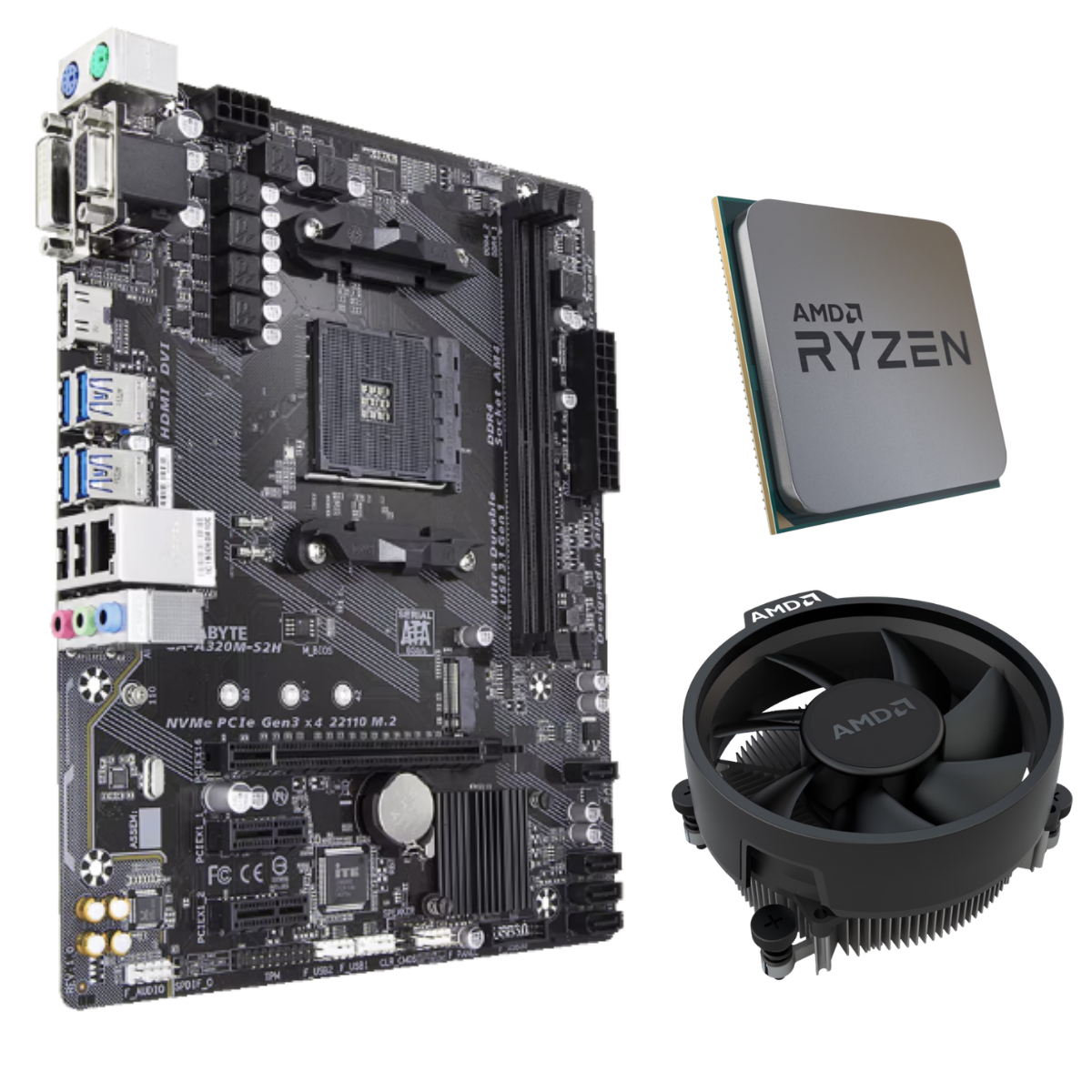 Kit placă de bază GIGABYTE GA-A320M-S2H + Procesor AMD Ryzen 3 3200G + Cooler Original, bulk